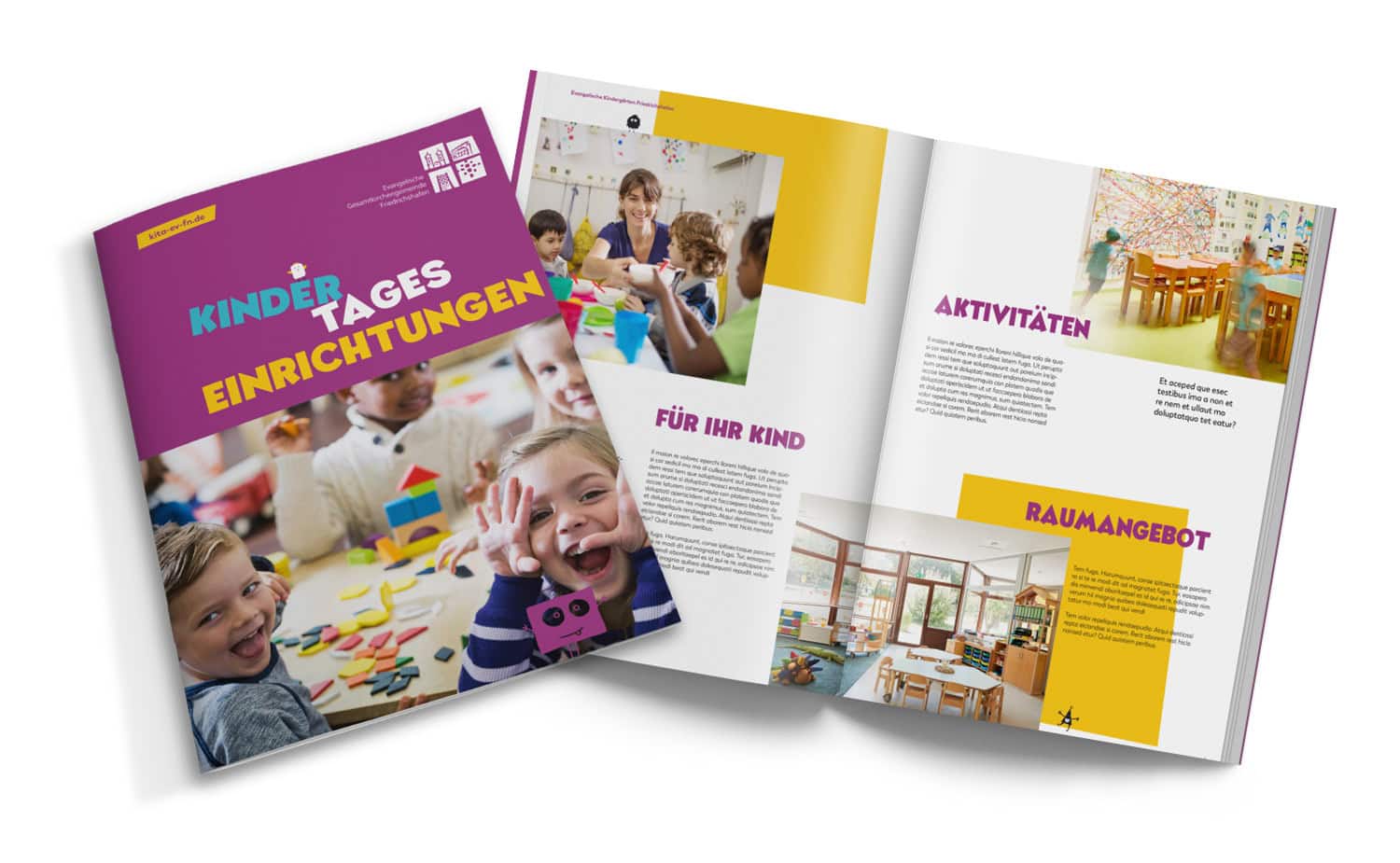 Gestaltung einer Broschüre für Kindertageseinrichtungen in Friedrichshafen – freundliches Layout mit Bildwelt und Informationsstruktur für Eltern.