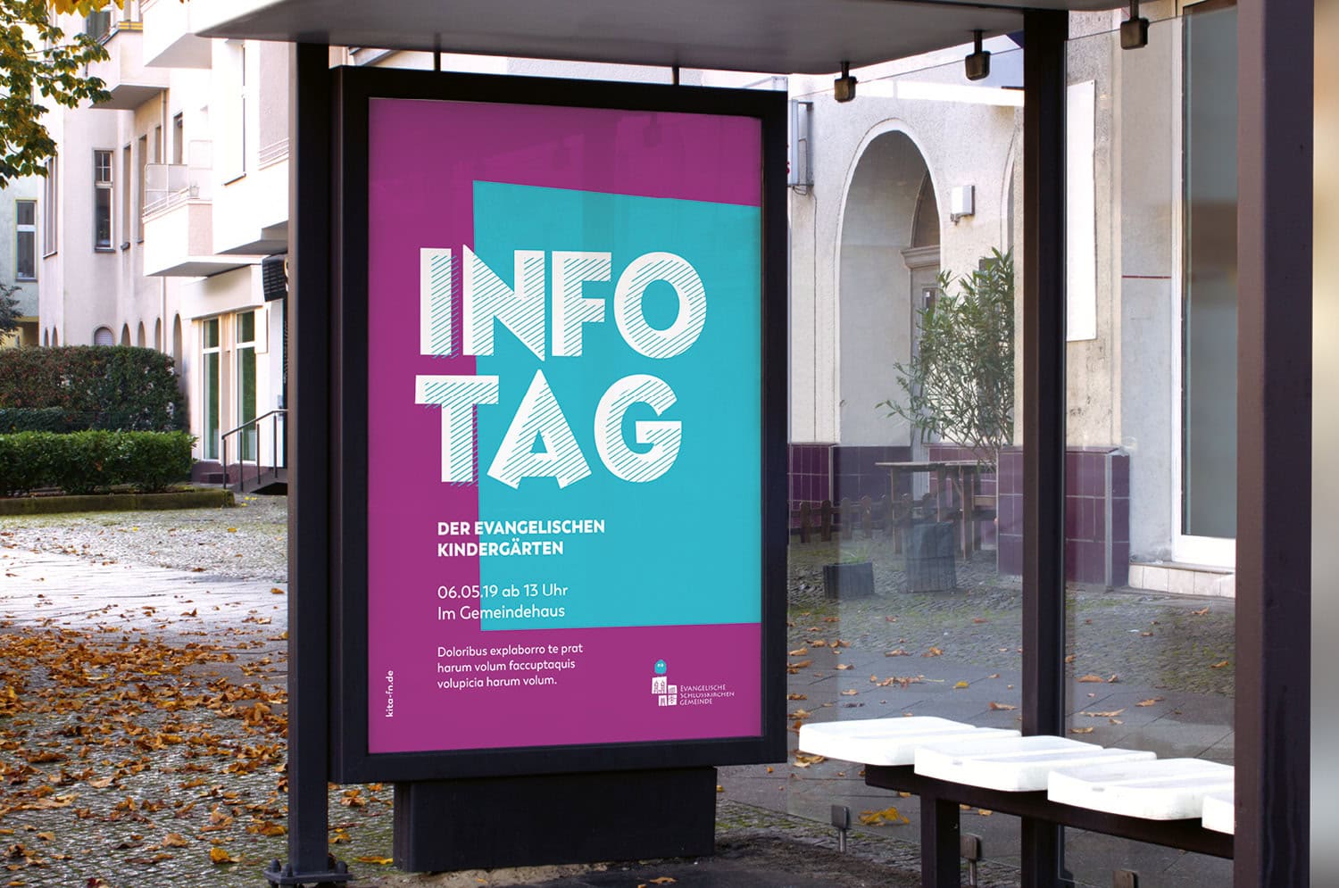 Gestaltung eines Citylight-Plakats für einen Infotag evangelischer Kindergärten in Friedrichshafen – modernes Layout mit klarer Typografie und Farbflächen.