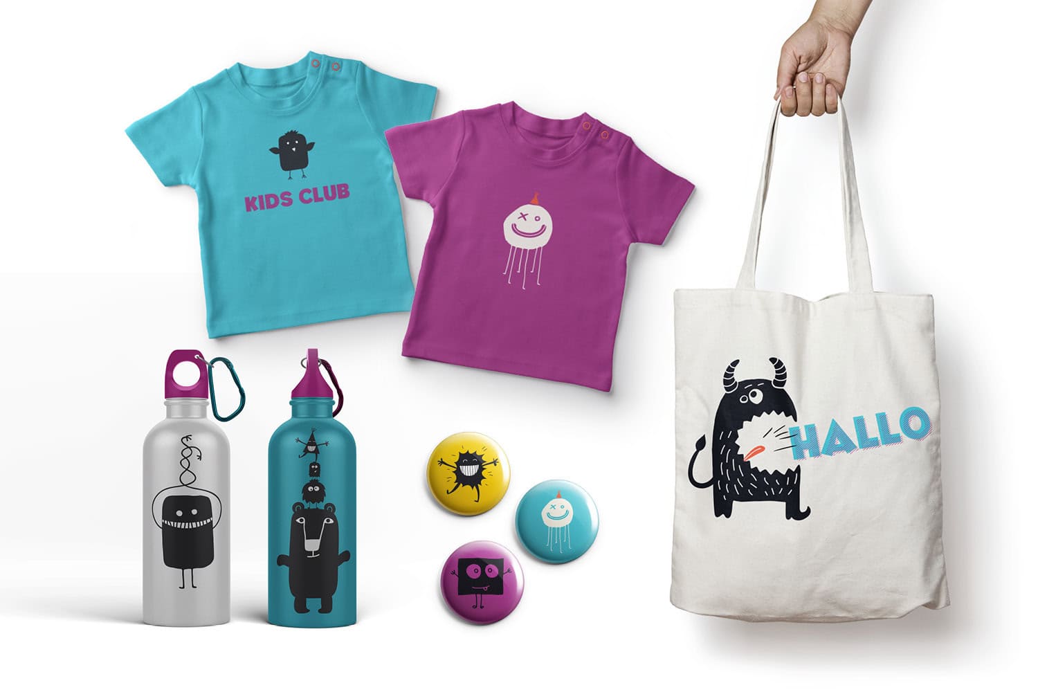 Gestaltung von Merchandise-Artikeln für eine Kita-Kampagne in Friedrichshafen – T-Shirts, Taschen und Giveaways im illustrativen Corporate Design.