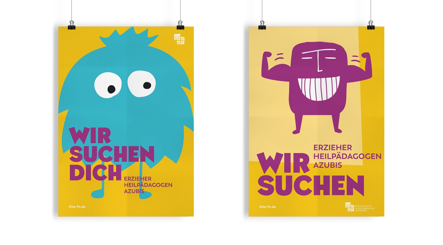 Gestaltung eines Recruiting-Plakats für Kindertageseinrichtungen in Friedrichshafen – Kampagnenmotiv „Wir suchen dich“ mit illustrativen Figuren, entwickelt von einer Werbeagentur am Bodensee.